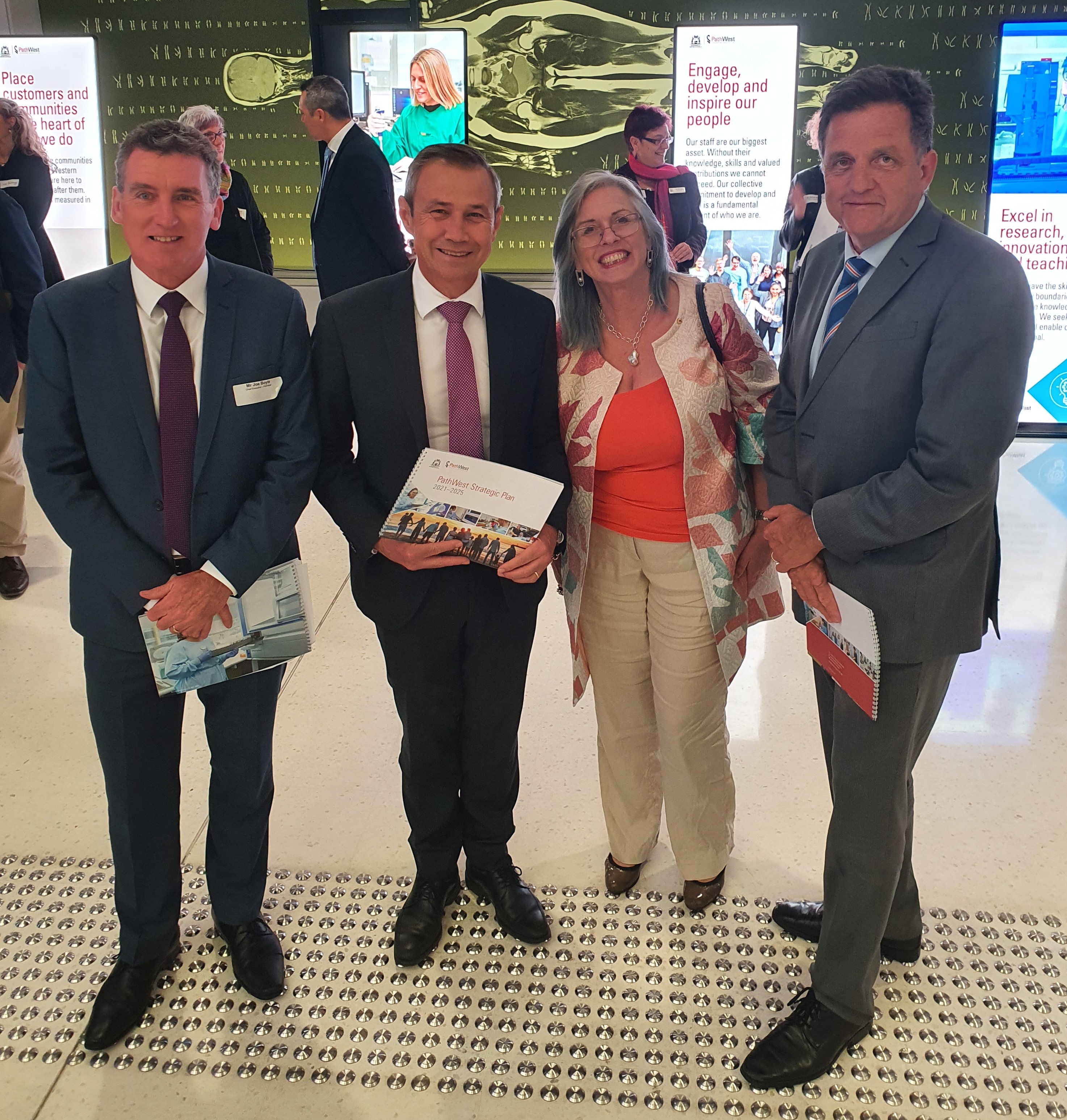 Joe Boyle, CE; Hon. Roger Cook, Minister for Health; Prof. Christobel Saunders, Board Chair and David Russell-Weisz, Director General, WA Health.